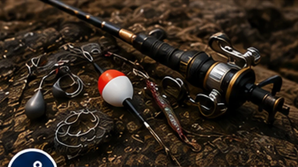Fishing rod, reel, tackle and rigging equipment on a rocky shoreline